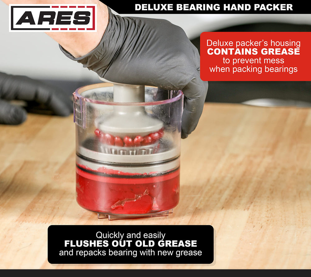 ARES Deluxe Bearing Packer features a Zerk fitting for mess-free grease gun use.