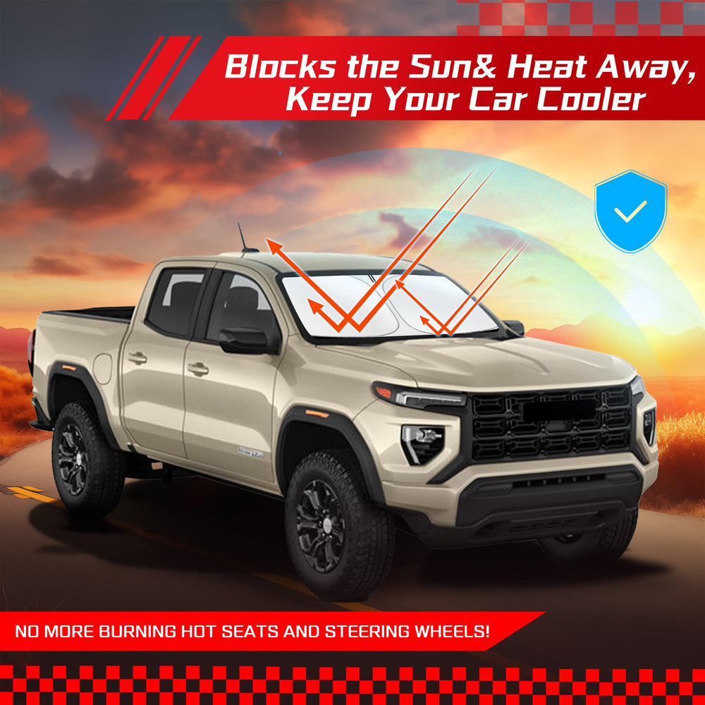 ARISMOTOR Canyon full-coverage shade blocks sunlight from windshield.