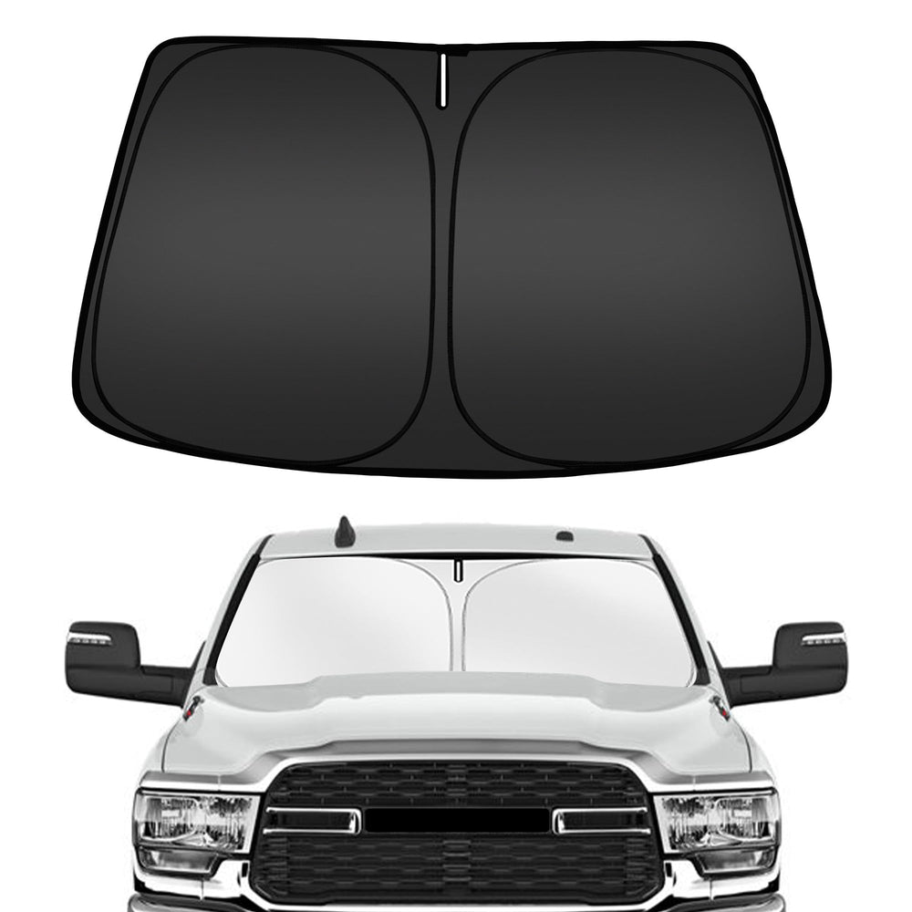 ARISMOTOR windshield sun shade on a Dodge RAM blocks UV rays and keeps interior cooler.