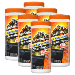 Armor All orange air freshening wipes canister for quick interior cleaning and fresh scent.