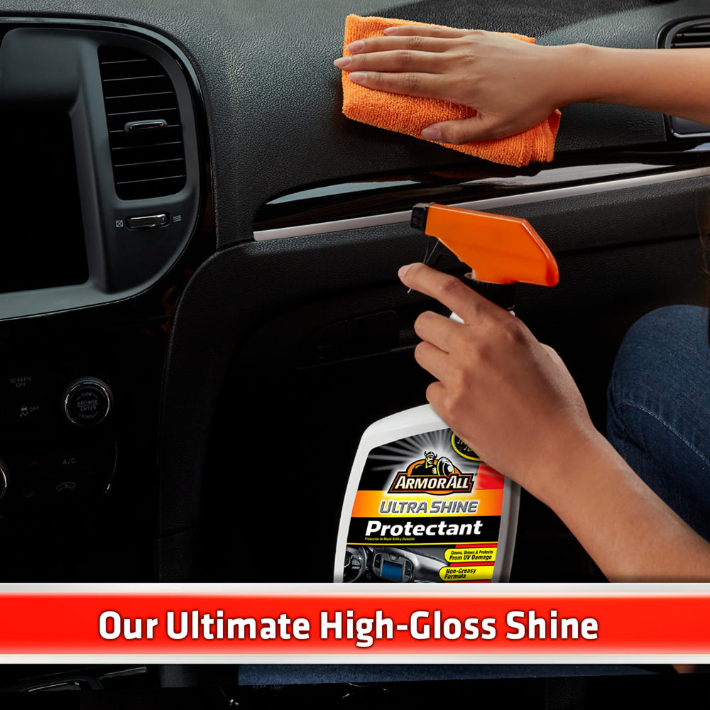 Armor All revitalizes car interior surfaces for renewed dashboard and panels.