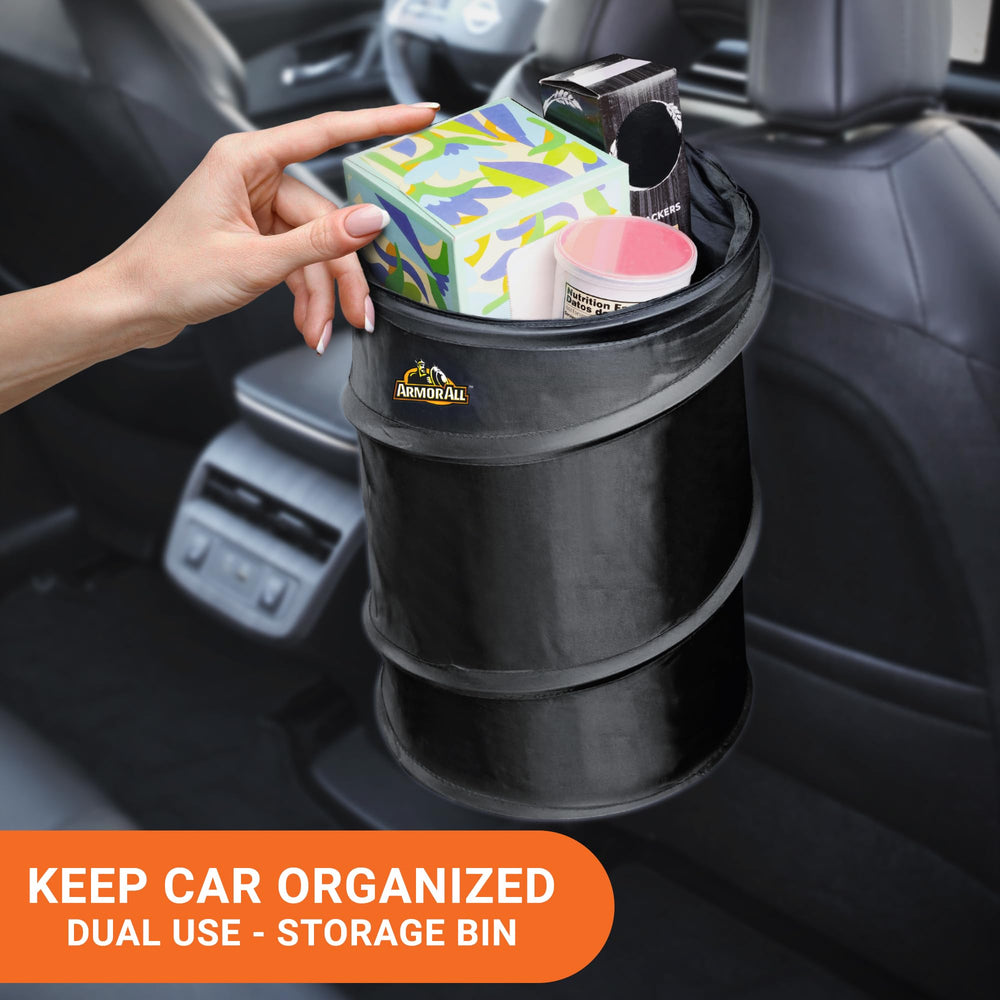 Armor All Trash Can Velcro base secures to carpets for stable placement.