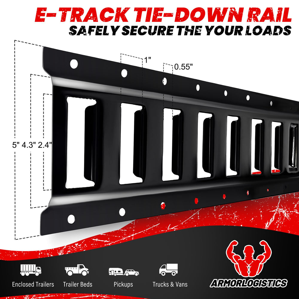 ARMORLOGISTICS e-track rail heavy-duty steel construction resists weather.