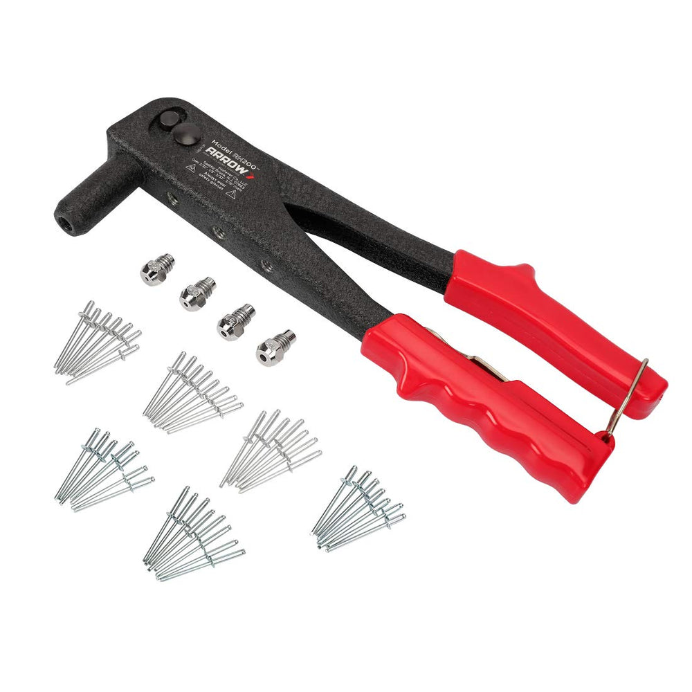Arrow Heavy Duty Riveter Kit with extended nose eases riveting in tight spaces.