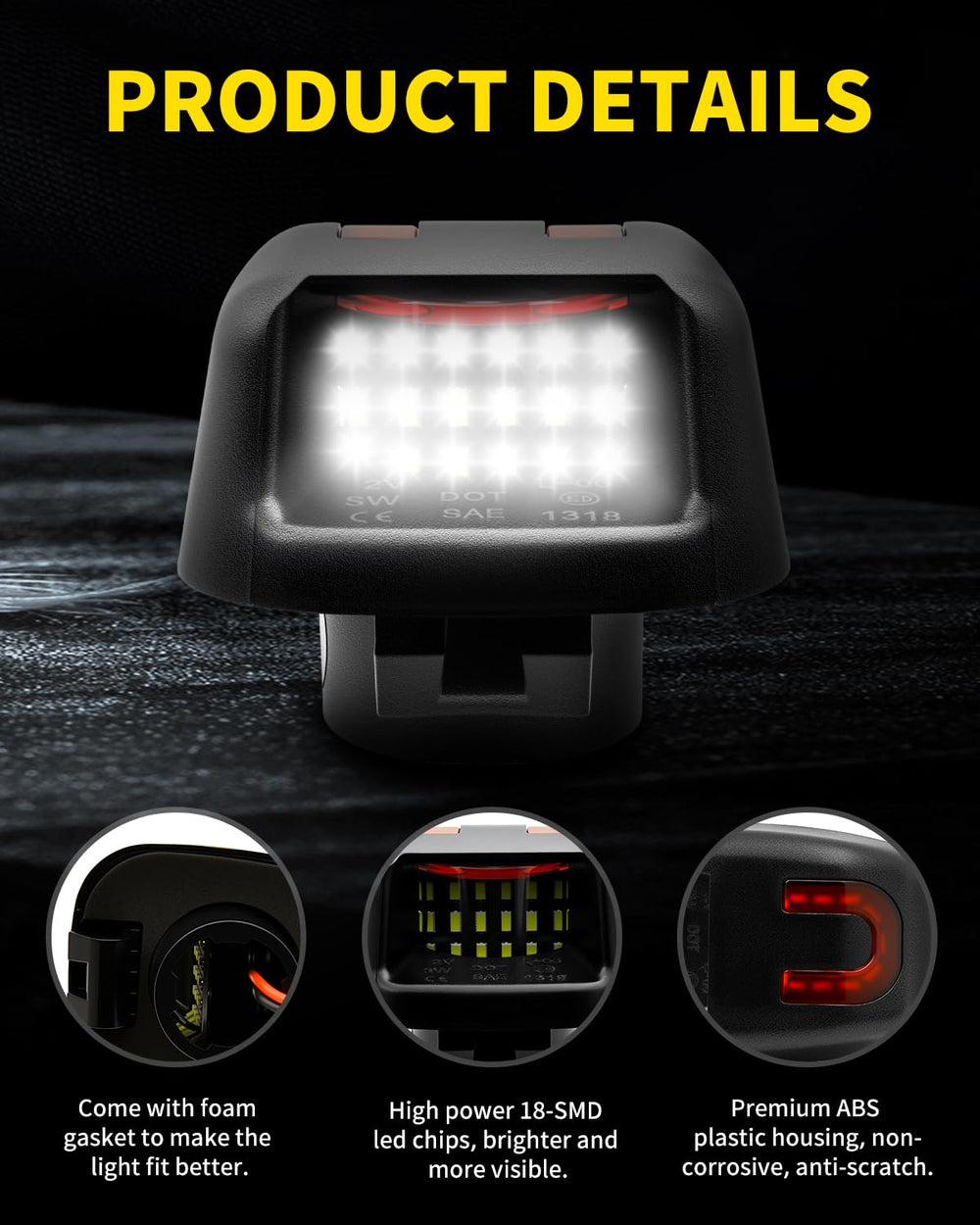 Asgohme 18-SMD LEDs deliver brighter white light for plate visibility.