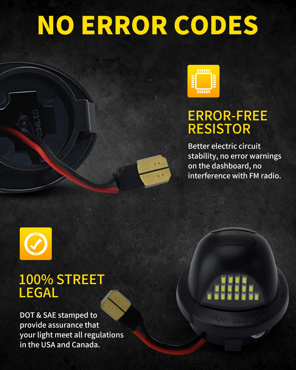 Asgohme bright 18-SMD LED chips illuminate the license area for visibility.