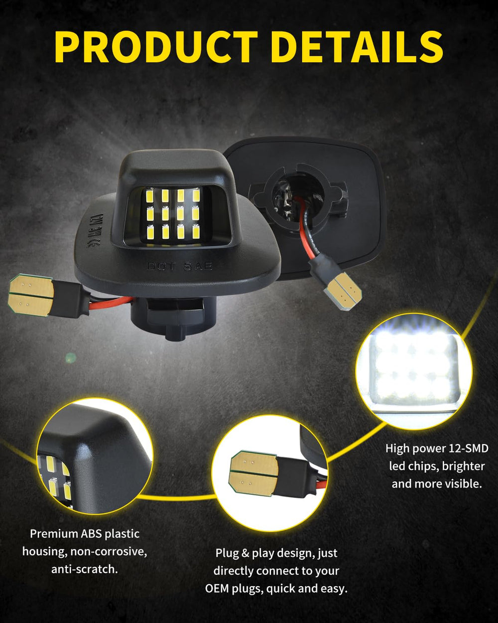 Asgohme LED license plate lights – close-up of polycarbonate lens and rugged ABS housing.