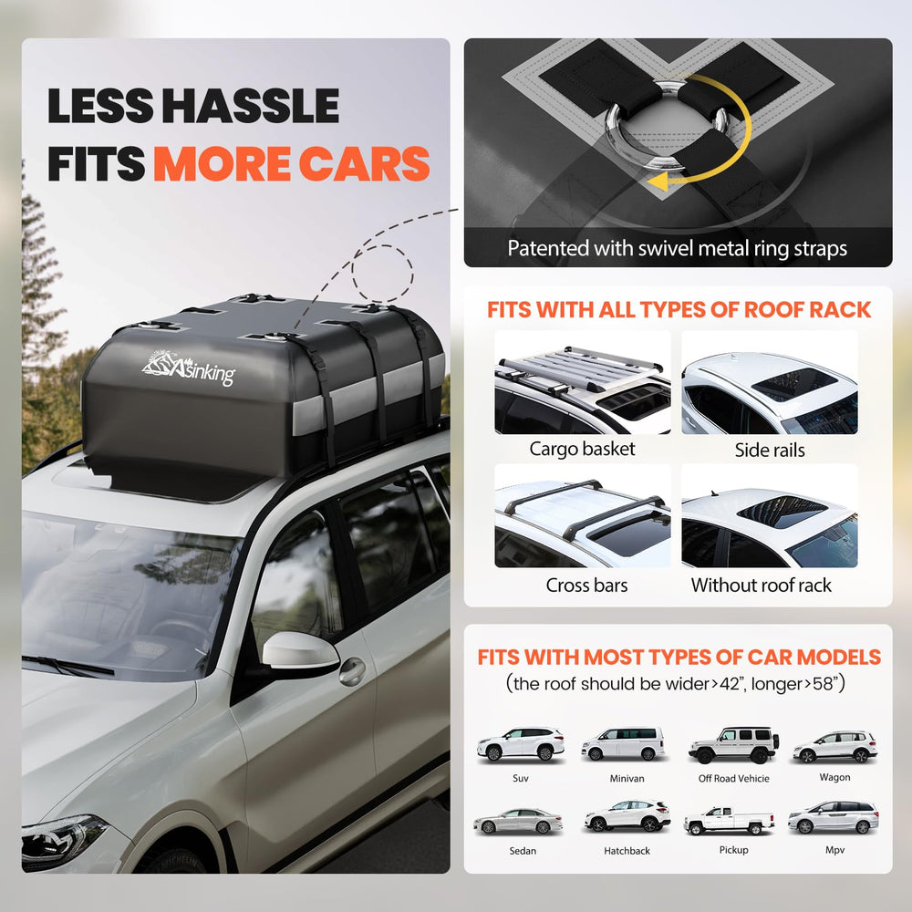 Asinking car rooftop bag features a combination lock for added luggage security