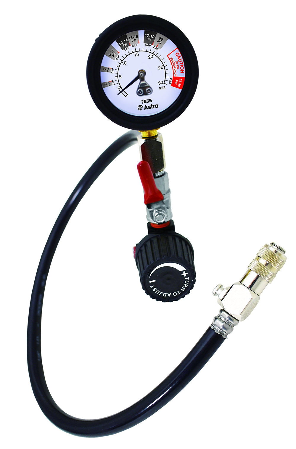 Astro 7856 gauge and quick connector for cooling system leak testing.