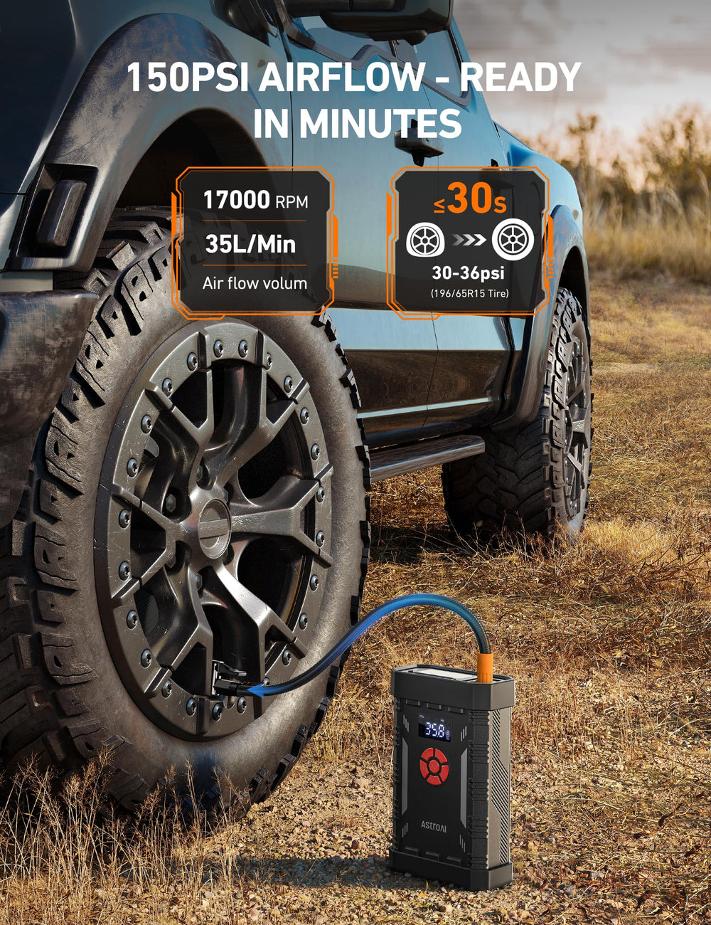 AstroAI A30 tire inflator with 150 PSI and auto-shutoff function.