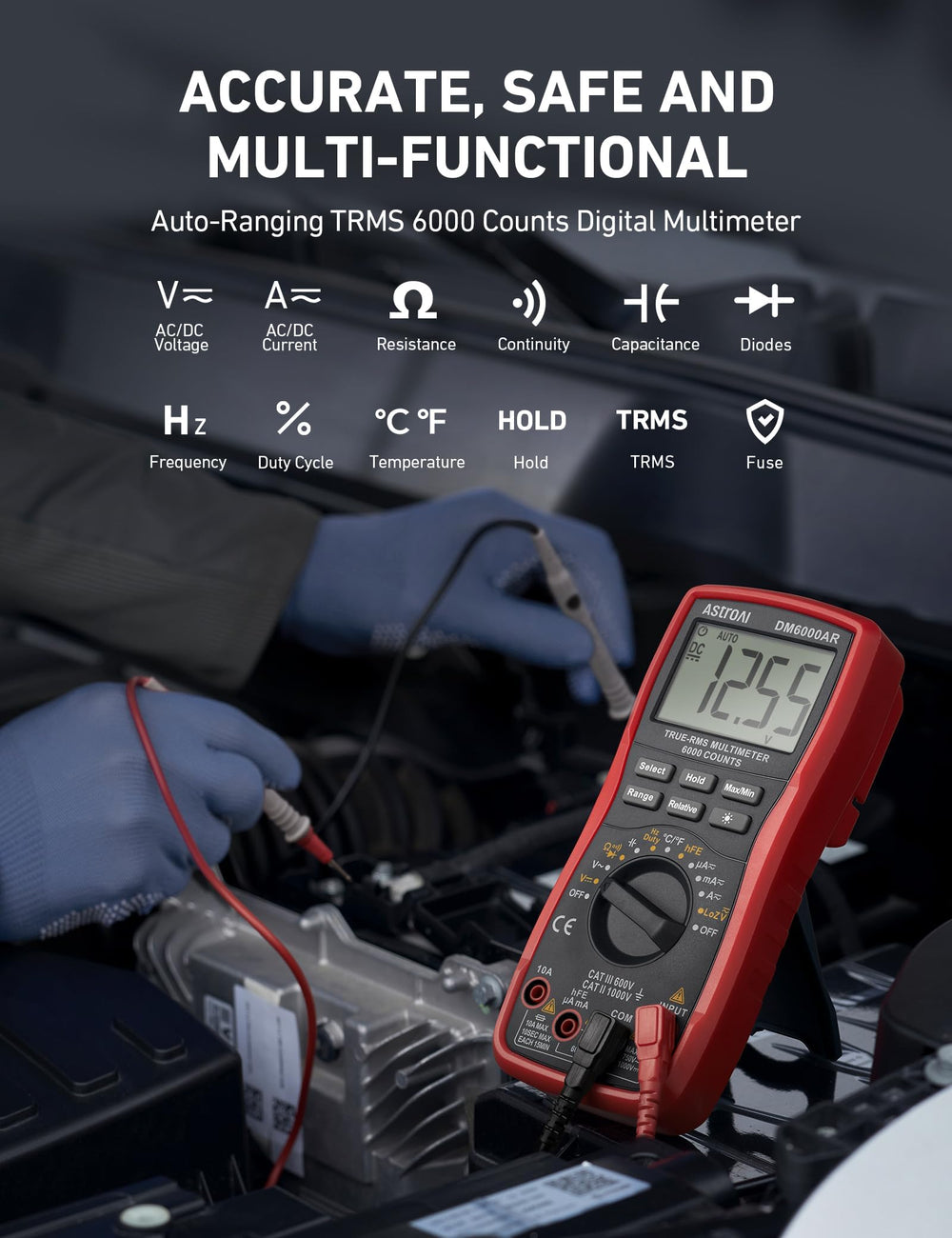 AstroAI multimeter front panel with auto-ranging dial for faster setup