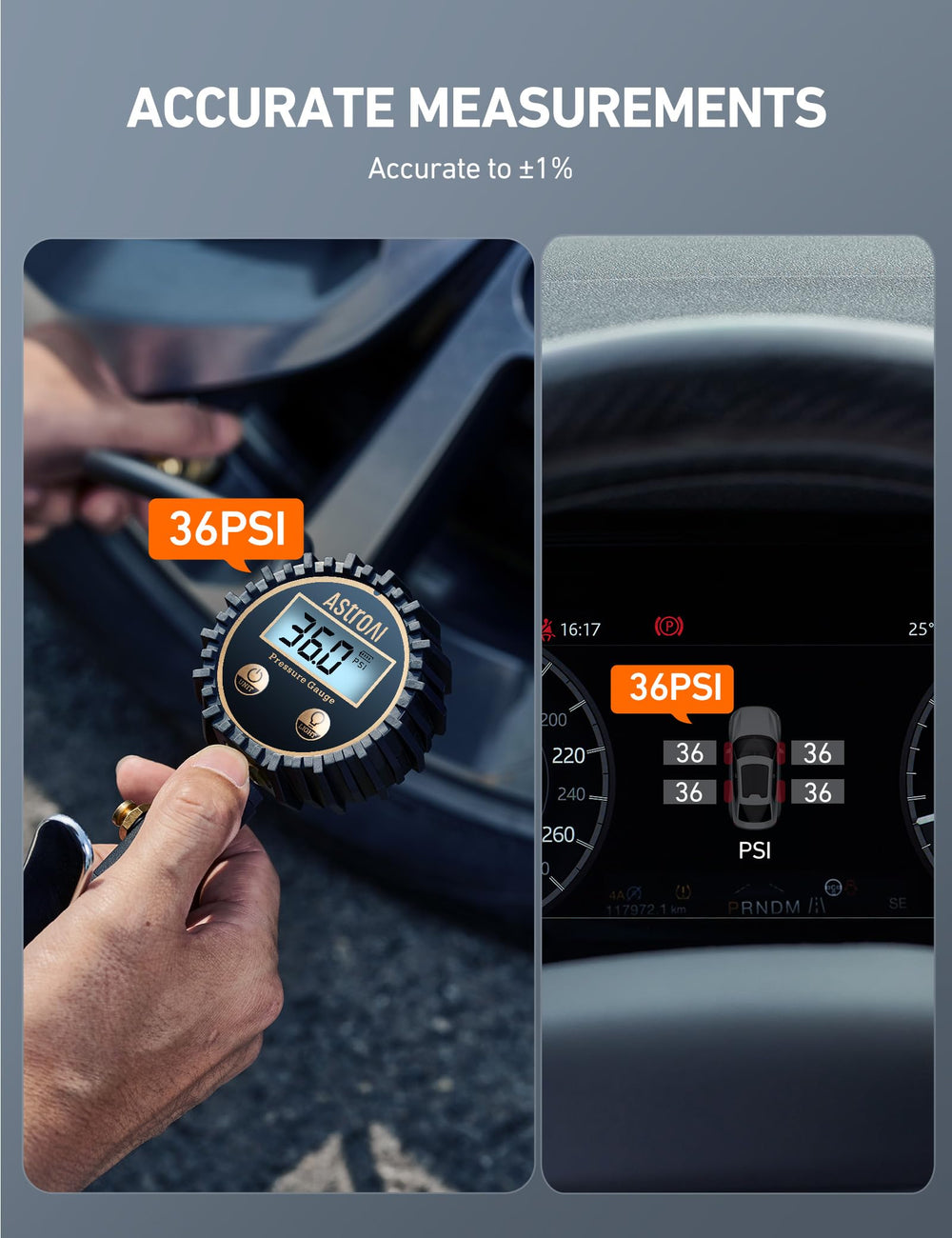 AstroAI digital tire pressure gauge backlit display showing four measurement units.