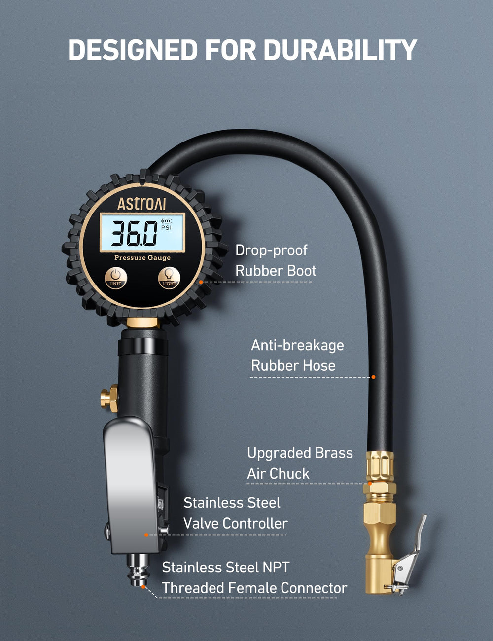 AstroAI digital tire pressure gauge bleed valve and chuck for precise deflation control.