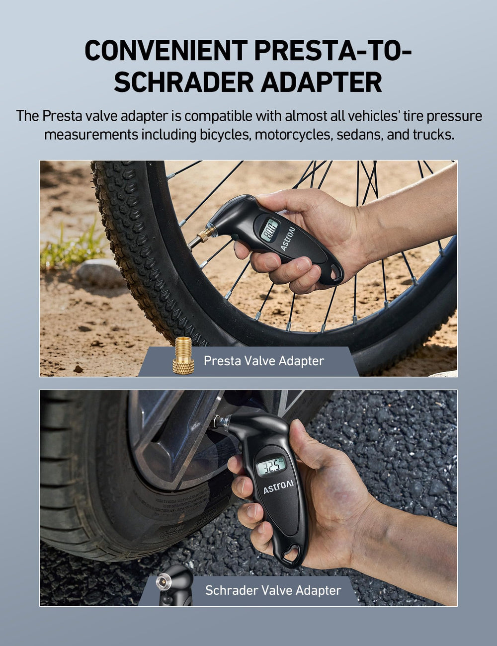 AstroAI gauge compatible with cars, trucks, motorcycles, and bicycles.