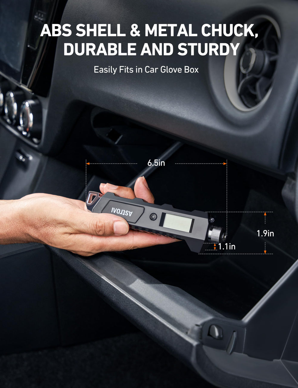 Compact AstroAI gauge in black, ideal for trunk storage.