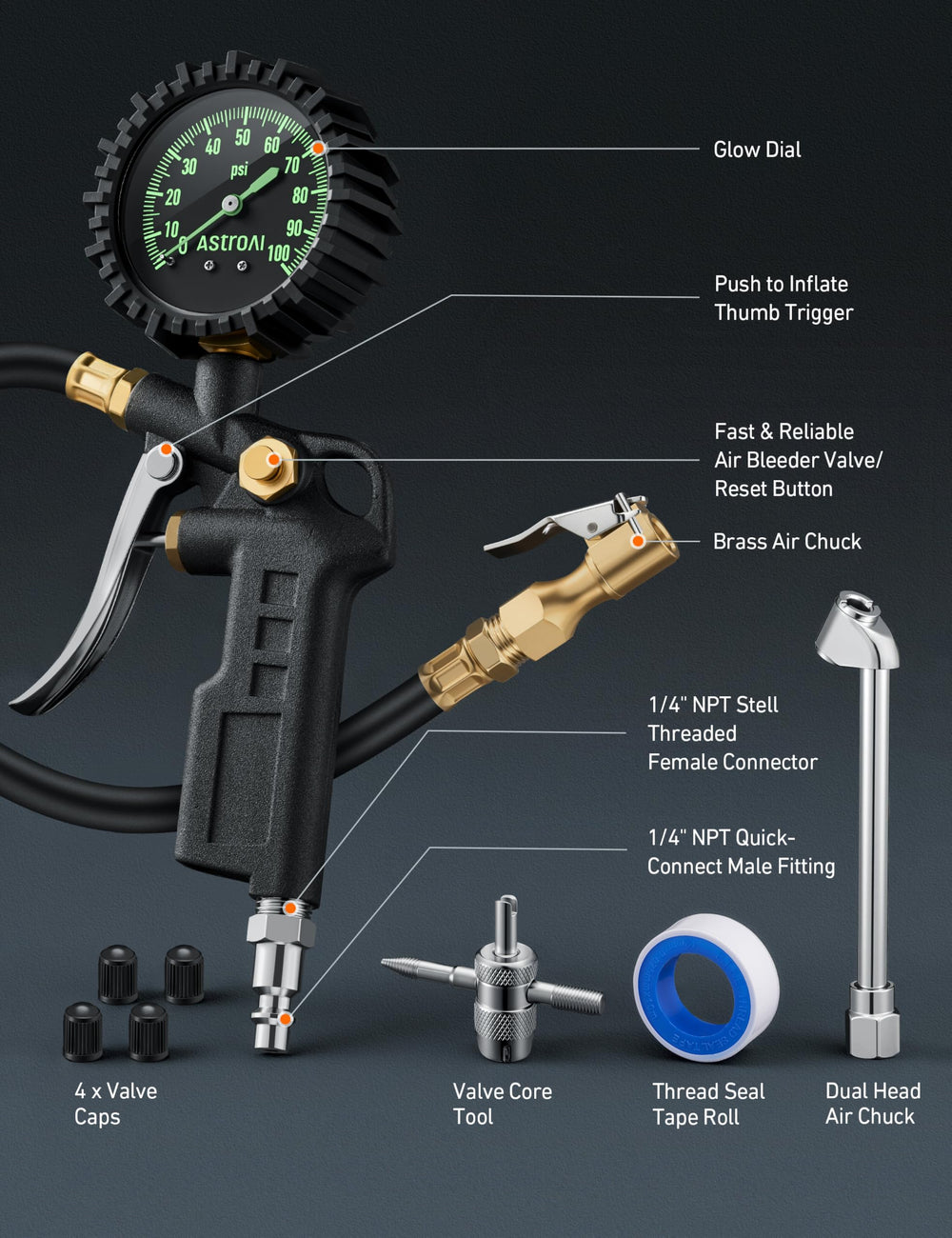 AstroAI quick-connect fitting compatible with 1/4 inch NPT compressors.