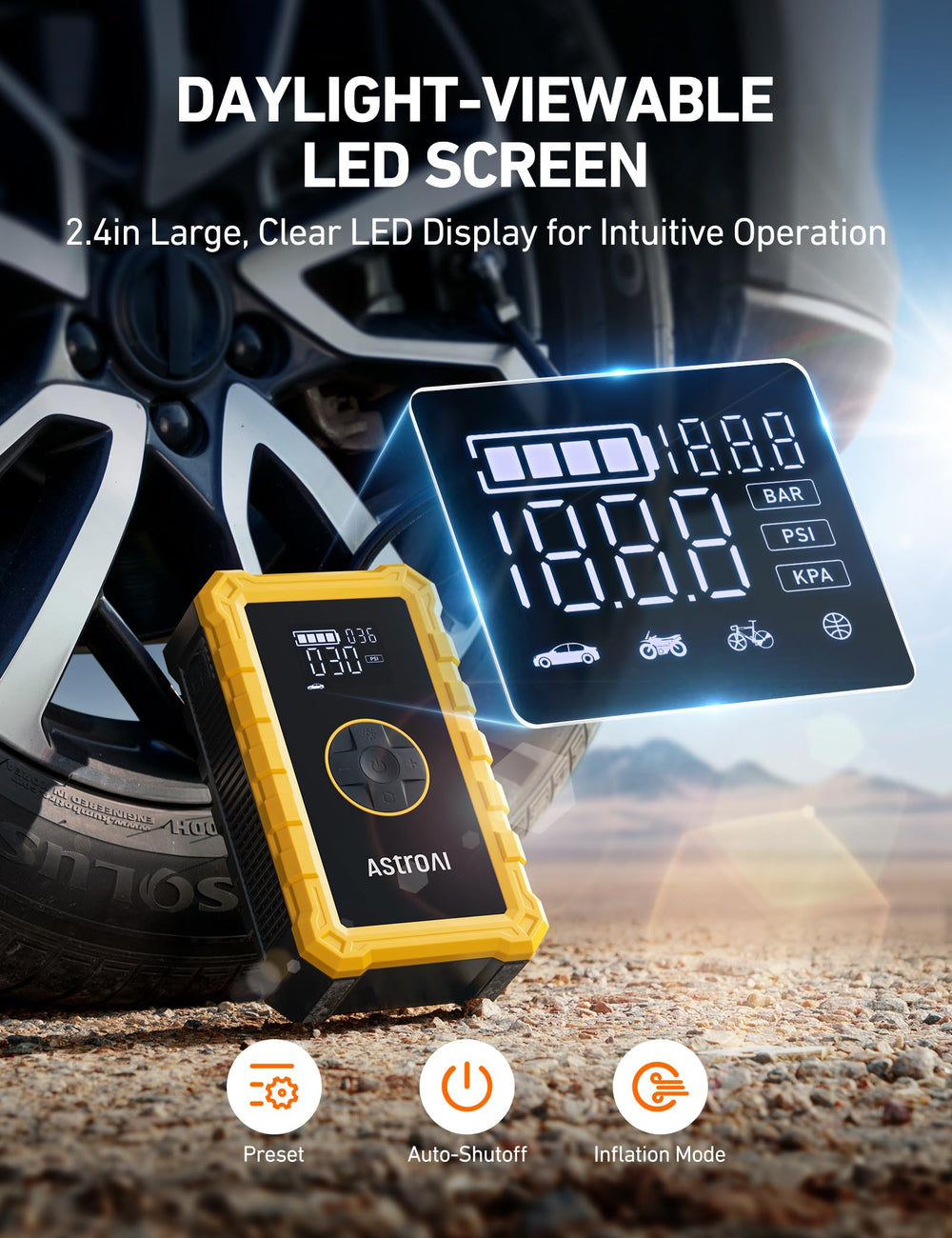 AstroAI S8 2.4-inch display shows real-time status in sunlight.
