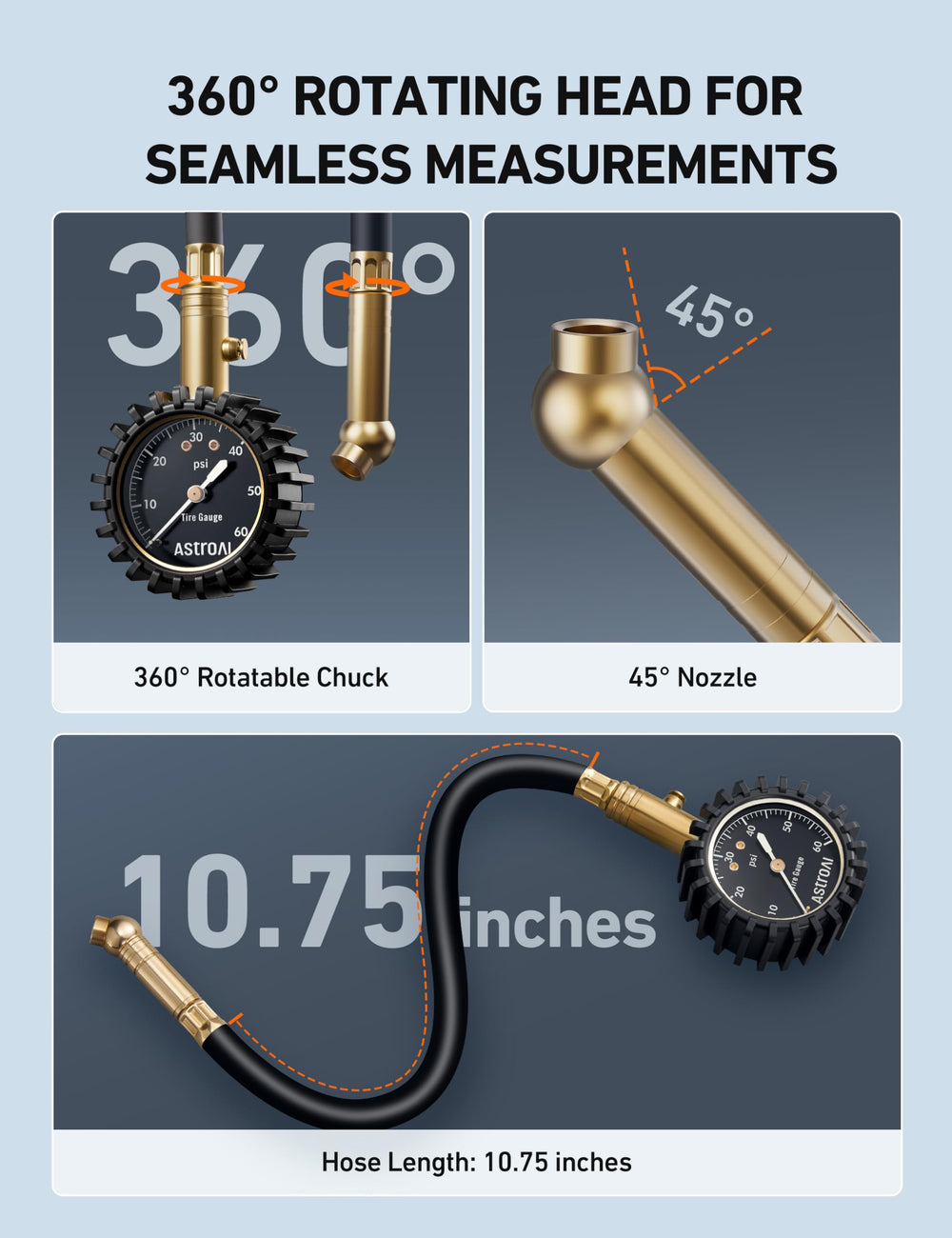 AstroAI universal Schrader valve compatibility for cars, trucks, and motorcycles.