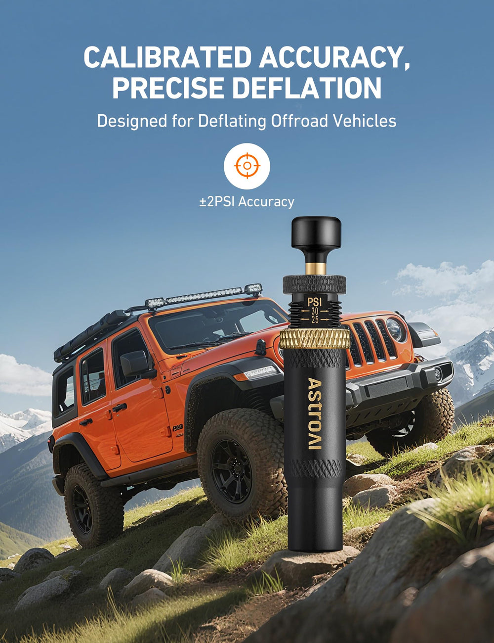 AstroAI tire deflator automatic function demonstrates hands-free deflation.