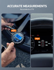 AstroAI tire gauge inflator shown delivering balanced inflation
