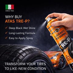 ATAS Speciality Tire Shine Spray after application delivering rich gloss