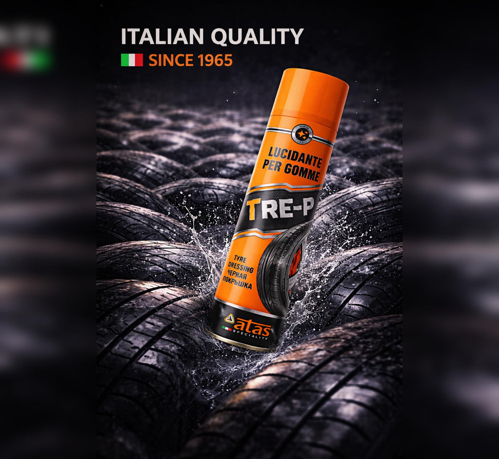 ATAS Speciality Tire Shine Spray on motorcycle tires for a sleek finish