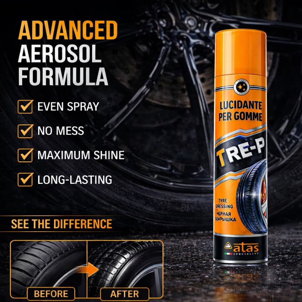 ATAS Speciality Tire Shine Spray forms a protective barrier against UV and grime