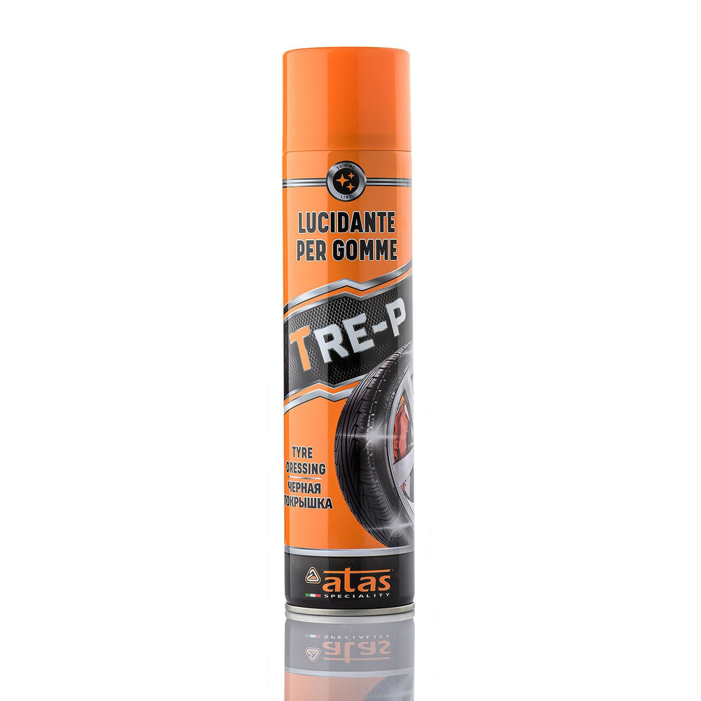 ATAS Speciality Tire Shine Spray bottle refreshing tires with deep black gloss