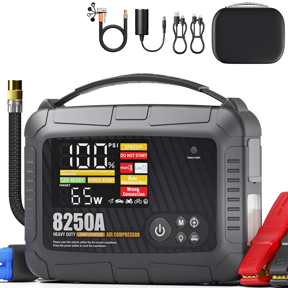 ATGFOX CS02-8250A jump-starter powering a heavy truck for instant ignition