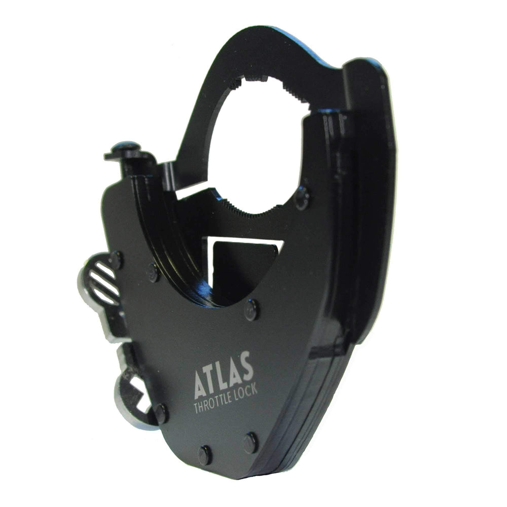ATLAS Throttle Lock installed on motorcycle side view highlighting bolt-on design