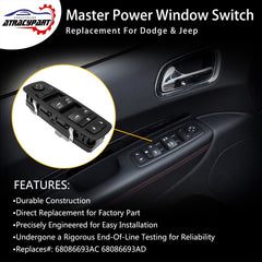 Driver-side master switch installed for reliable window and lock control.