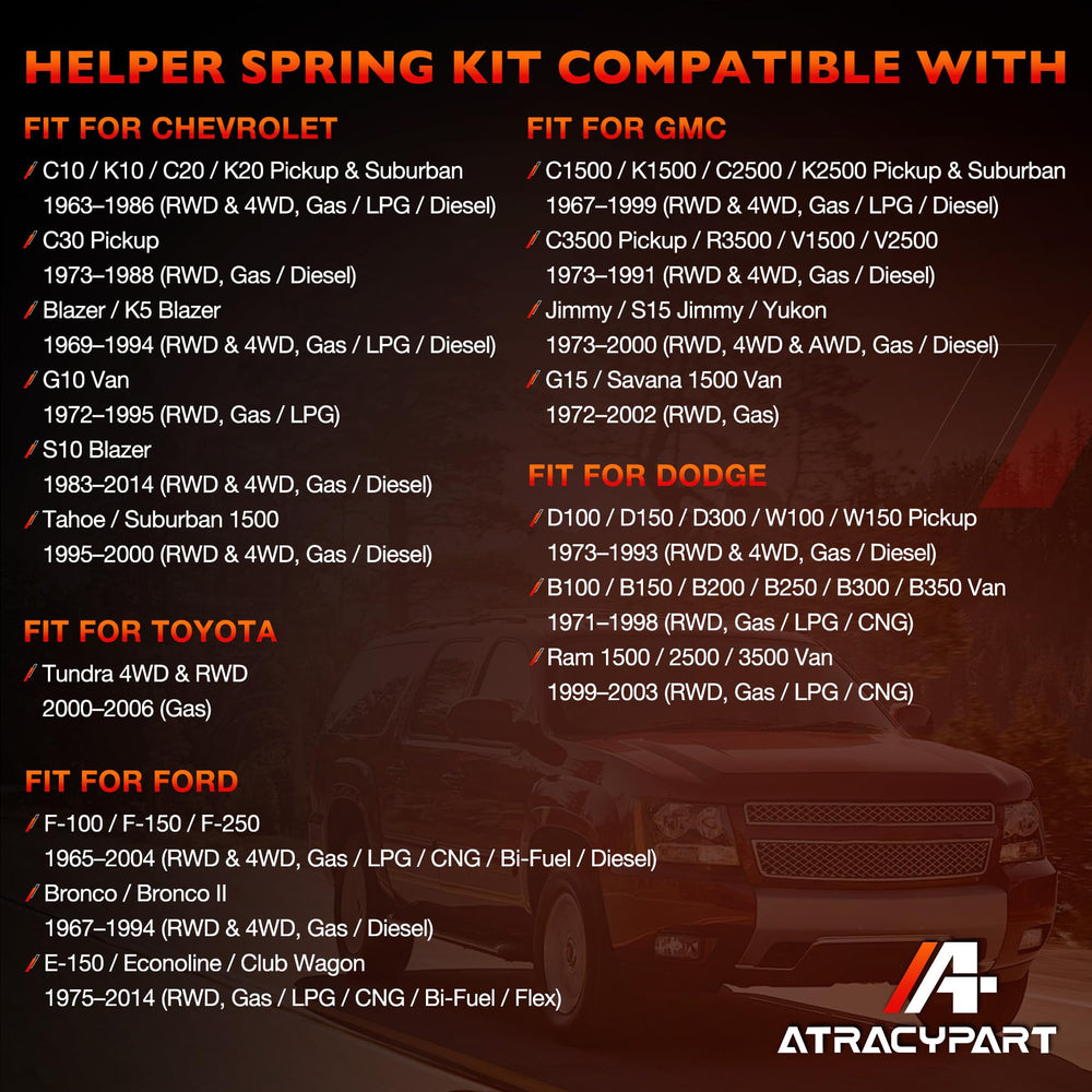 ATRACYPART helper spring kit mounted on leaf-spring pack to reduce sag during hauling.