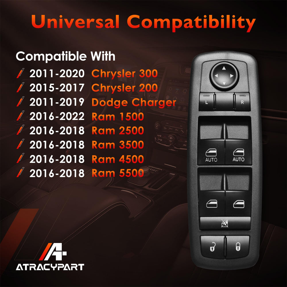 ATRACYPART driver-side switch shows Dodge Charger fitment with OEM-style button layout.