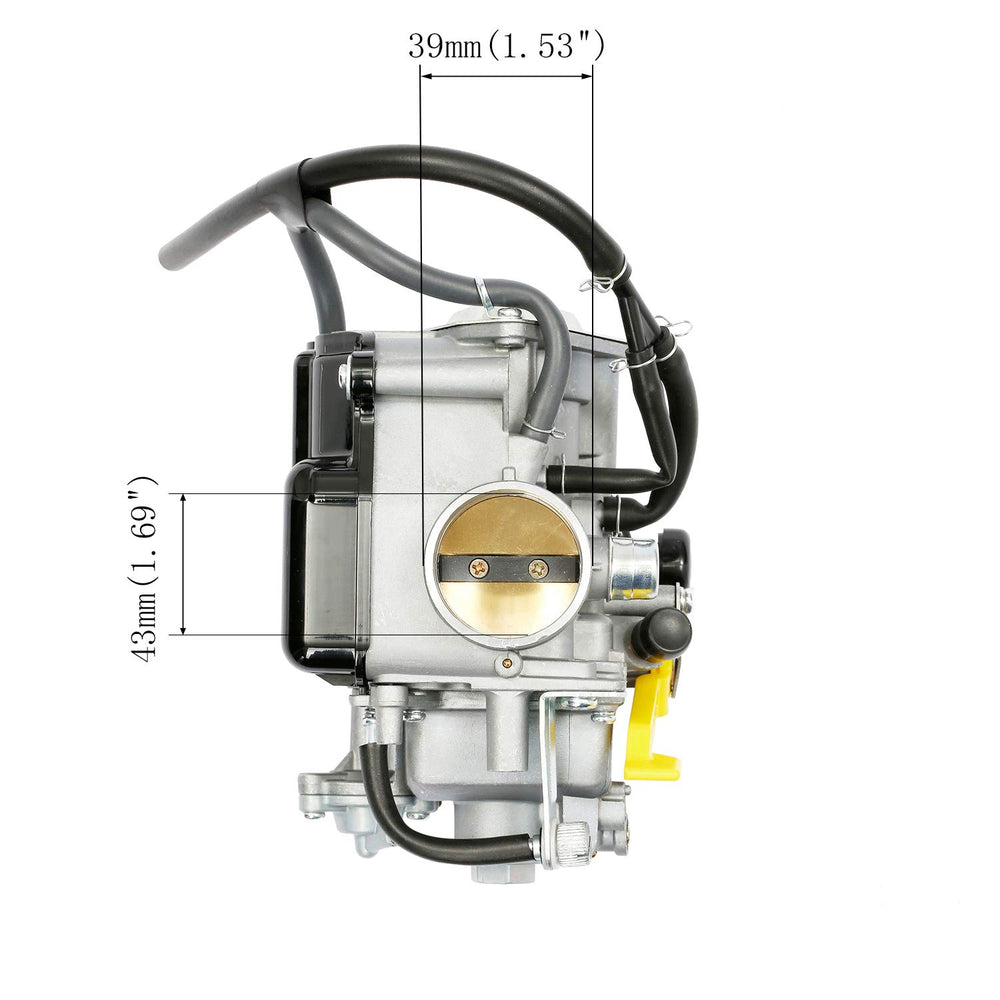 ATRACYPART TRX400 carburetor dimensions show intake 39/43mm and air filter 54/58mm.