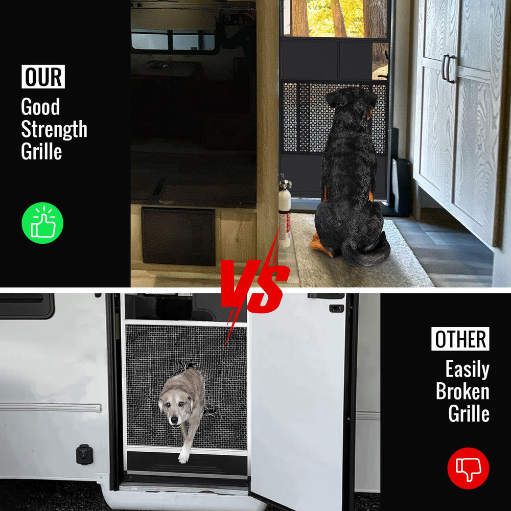 Durable aluminum alloy frame shields RV screen doors while allowing airflow