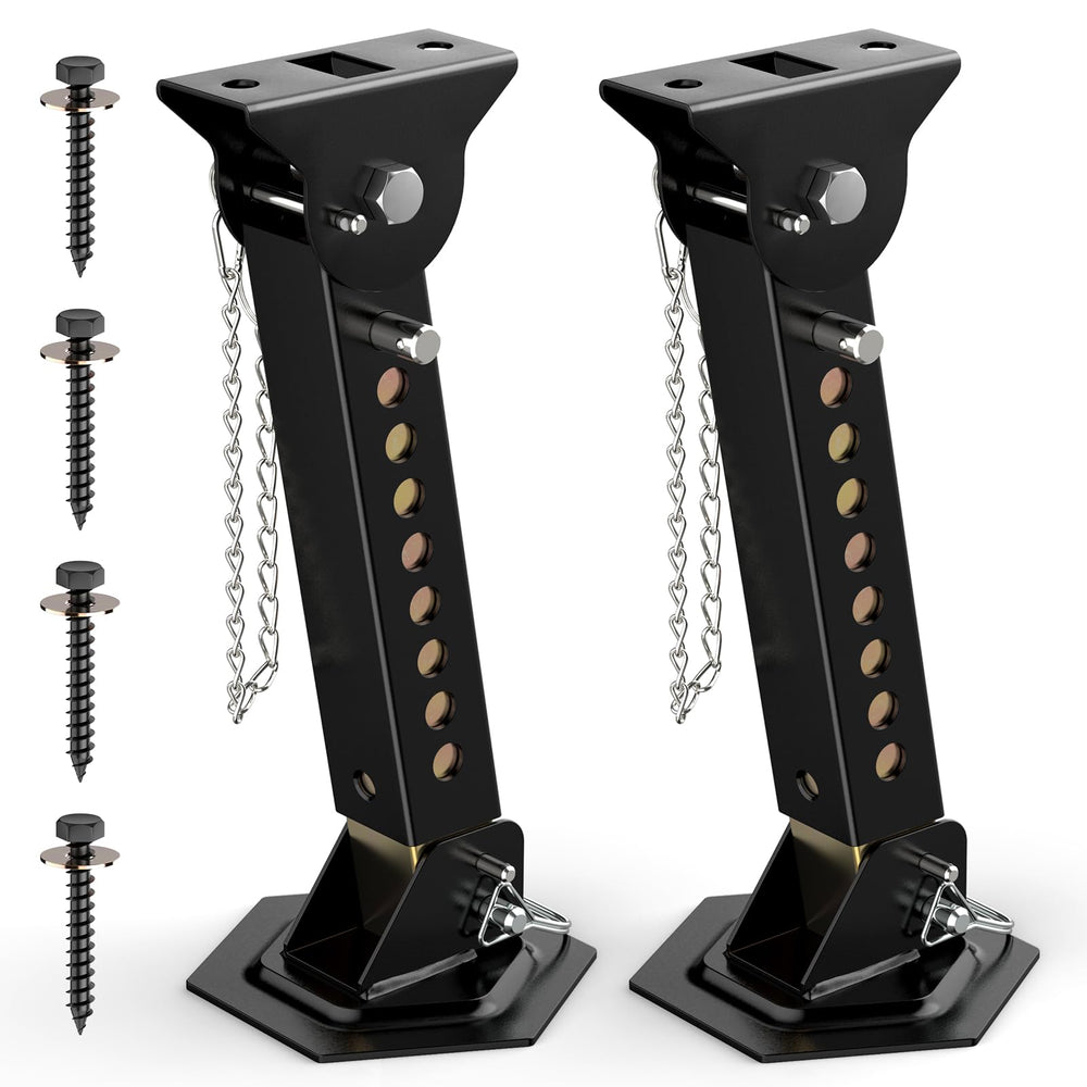 AUH telescoping trailer stabilizer jack extended to 18 inches for improved slide-out stability.