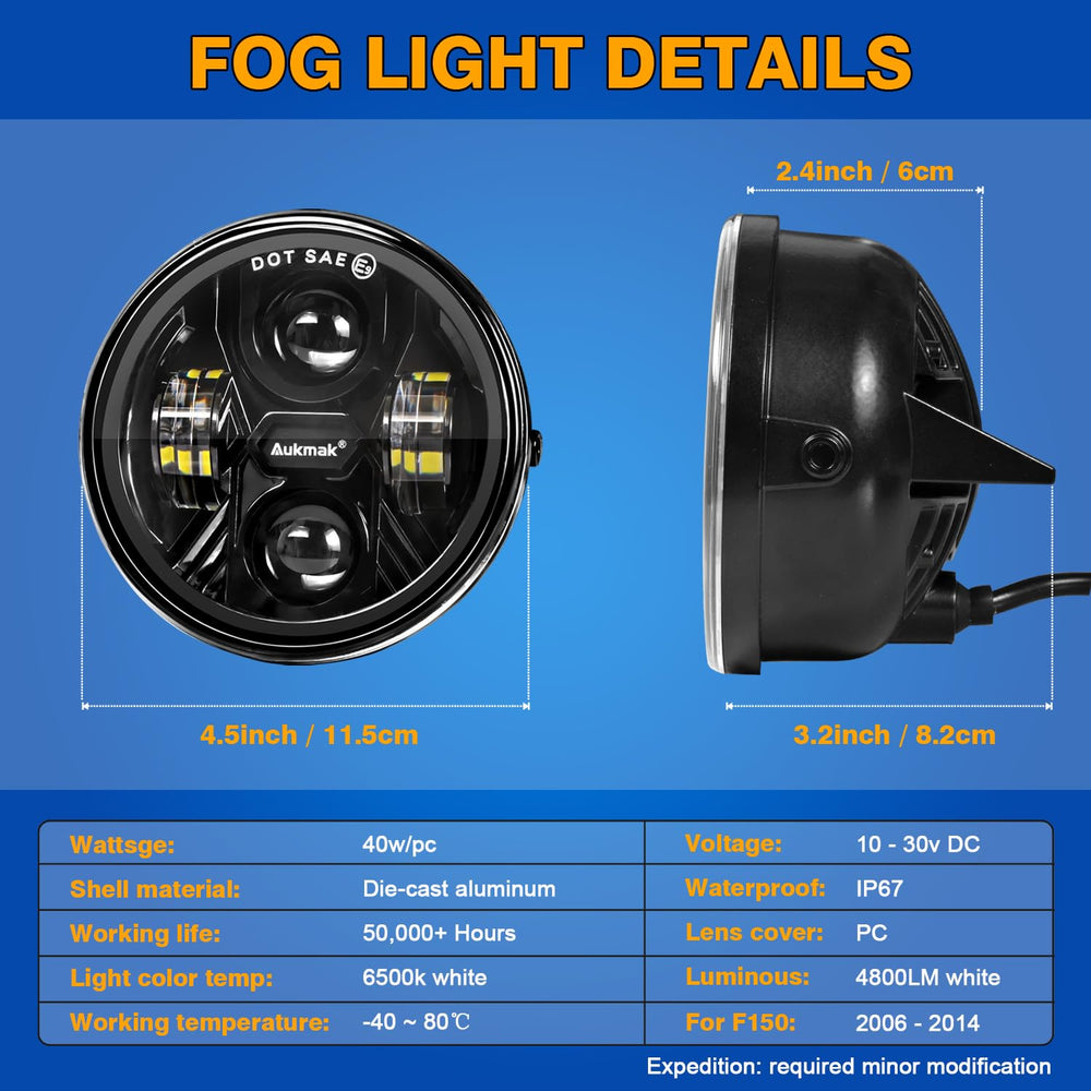 Aukmak LED fog light night beam improves road visibility and safety.