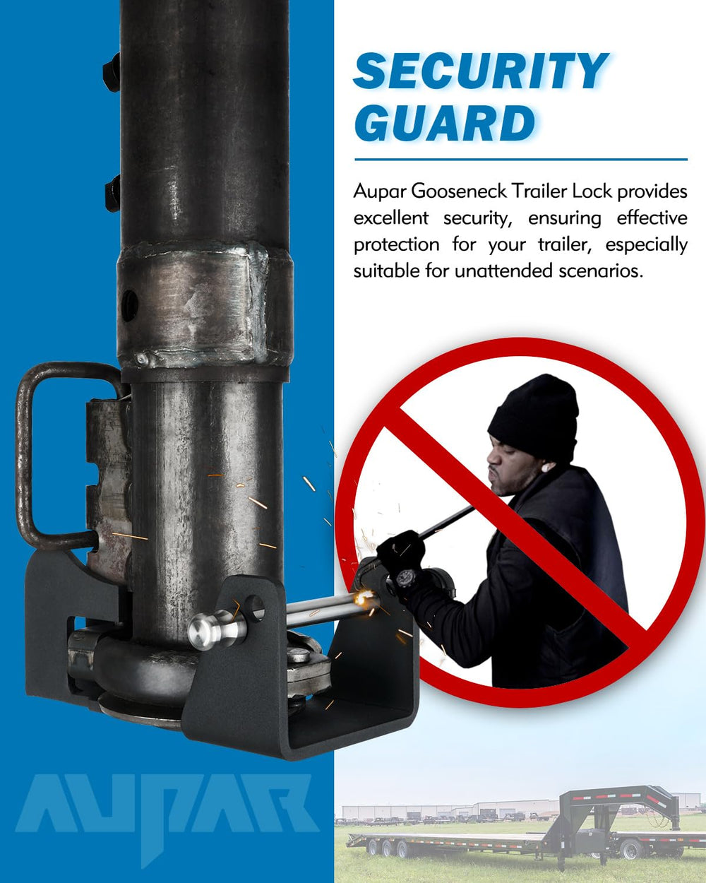 Aupar gooseneck lock close-up highlighting reinforced pins and durable coating