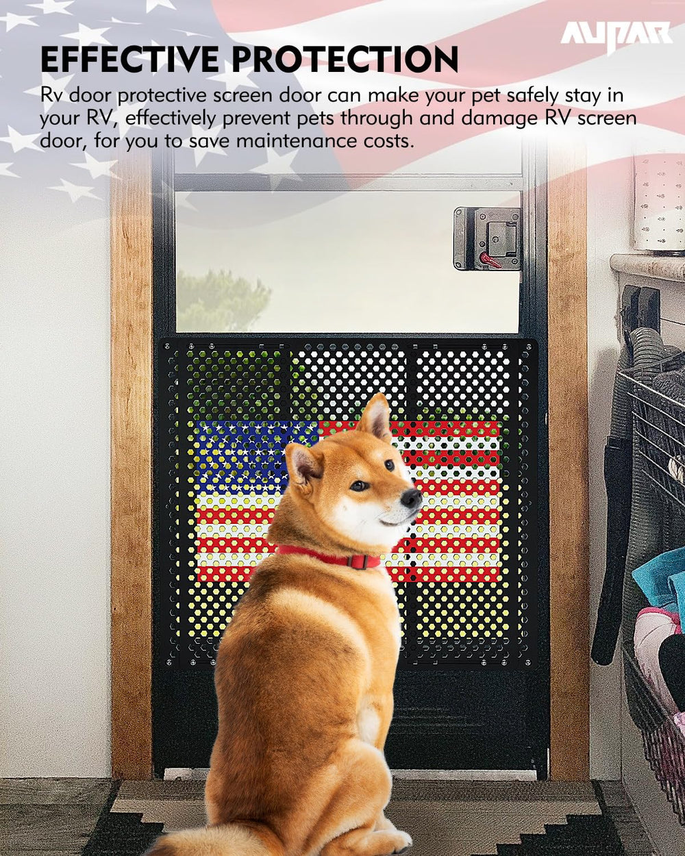 Aupar adjustable-width screen protector guards RV doors against damage while pet-safe use