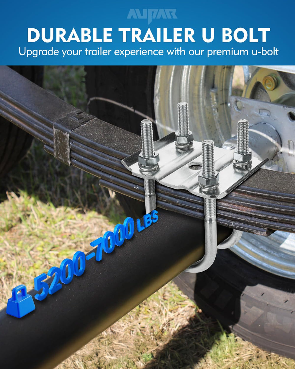 Aupar U-bolt kit for 3-inch round axles improves trailer stability.