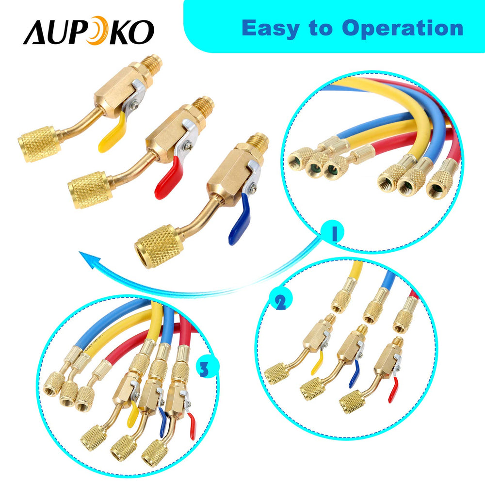 Aupoko three-hose kit shown in a real HVAC maintenance scenario.