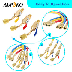 Aupoko three-hose kit shown in a real HVAC maintenance scenario.