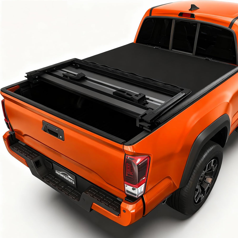 Aurorasters Soft Tri-Fold tonneau cover closed front view protects your bed.