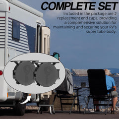 Aussio end caps support tidy hose storage for campers and travelers.