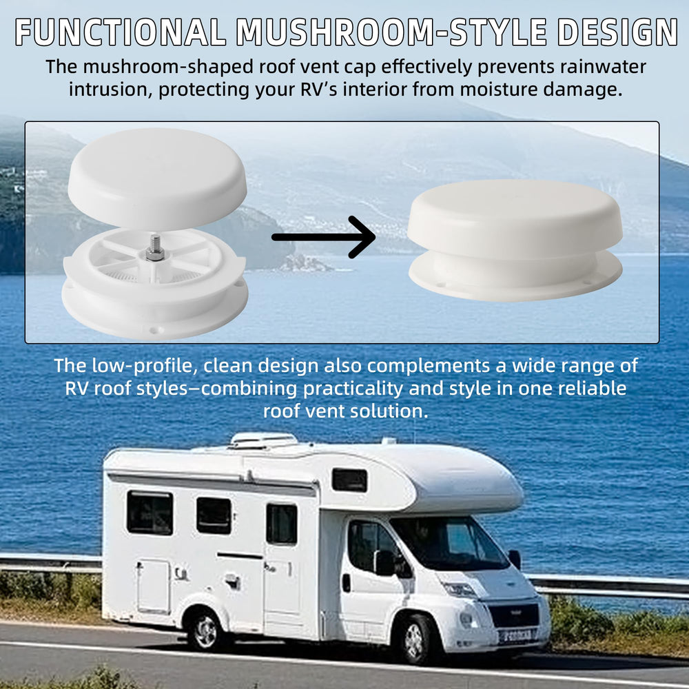 Aussio mushroom vent cap installed on RV roof for reliable protection.