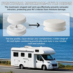 Aussio mushroom vent cap installed on RV roof for reliable protection.