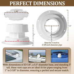 Aussio RV vent cap base dimensions show compatibility with 1in to 2-3/8in pipes.