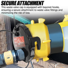 Aussio gray water hose cap supports off-site drainage.
