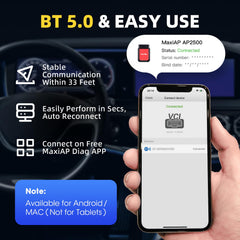 Autel AP2500E quick pairing with iOS/Android via app.
