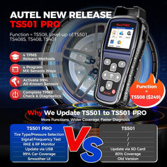 Autel MaxiTPMS TS501 PRO screen displaying sensor IDs and relearn options.